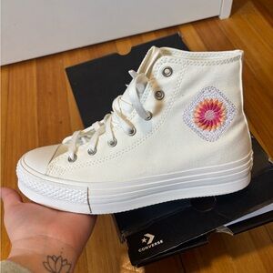 Converse Kids White High-Top Sneakers with Floral Patch